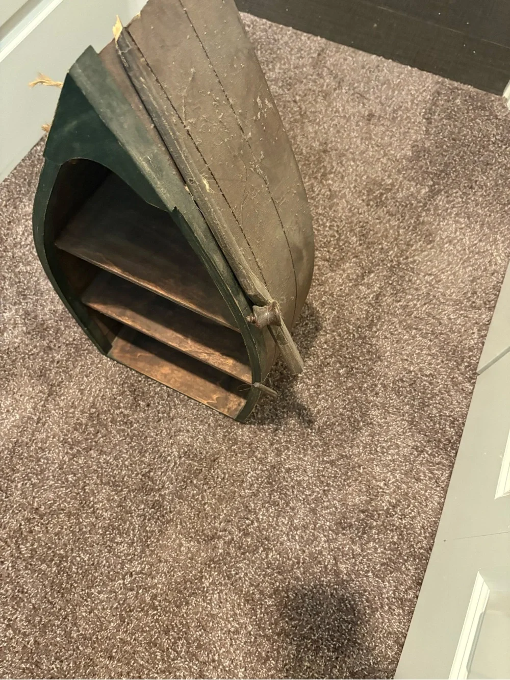 Old,  beat up Canoe Wooden Shelf Unit in Dark Green- vintage cool